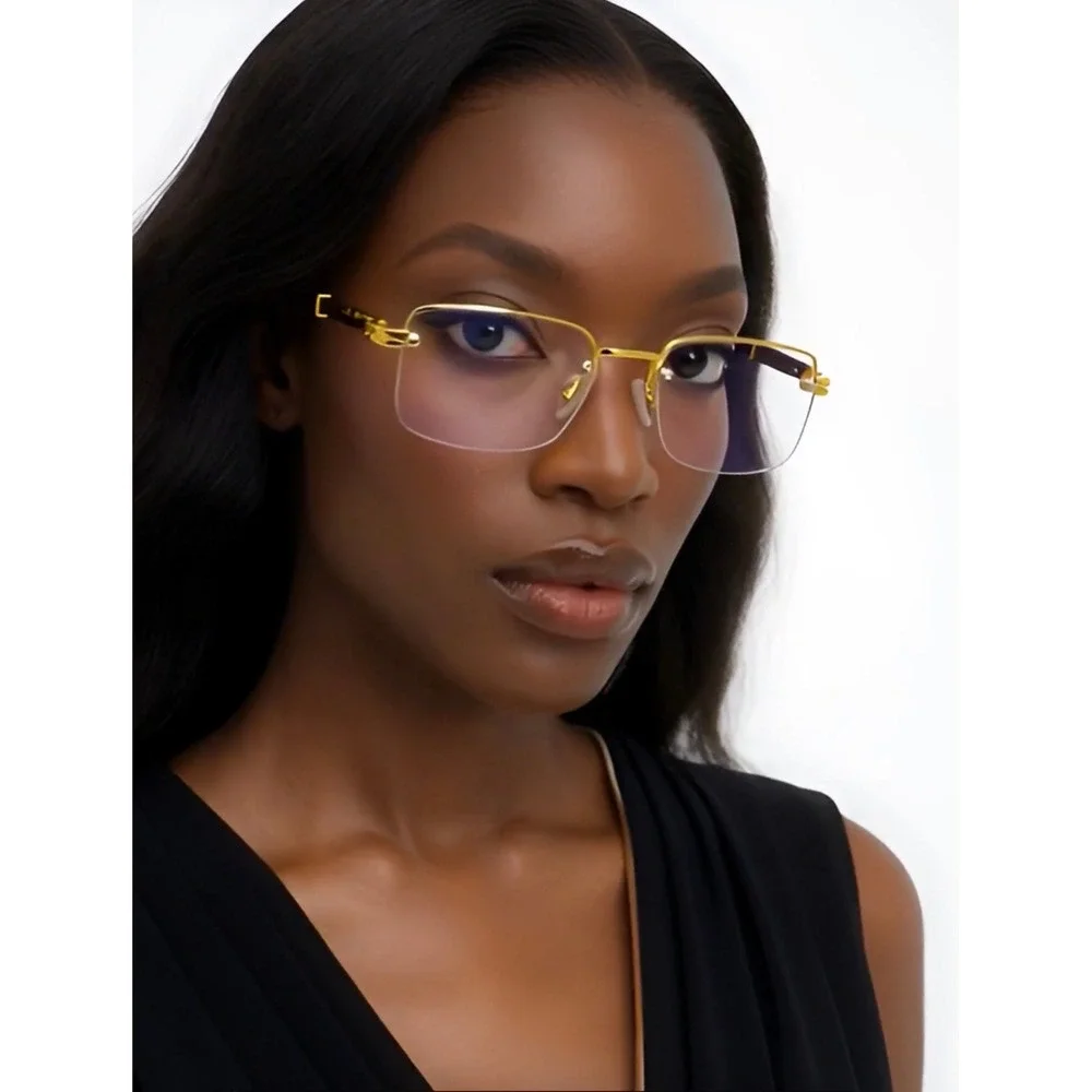 Women Rimless Gold Frame Eyewear Hip Hop Square Clear Lens Retro Fashion Glasses